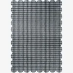 Top-down view of the rectangular Gridline Scalloped Rug featuring a textured gray base with a black check grid pattern.