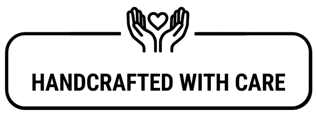 Handcrafted with care production badge showing open hands and a heart symbol.