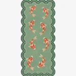 Top-down flat view of the green Koi Fish Runner Rug showing the full design of eight swimming koi fish and a geometric scalloped edge on a clean white background.