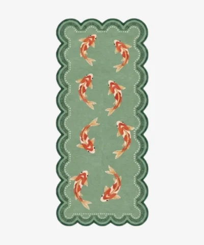 Top-down flat view of the green Koi Fish Runner Rug showing the full design of eight swimming koi fish and a geometric scalloped edge on a clean white background.