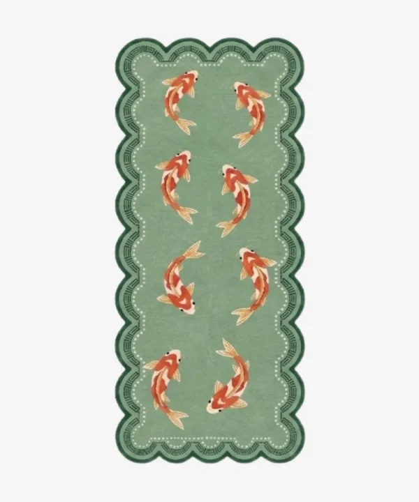 Top-down flat view of the green Koi Fish Runner Rug showing the full design of eight swimming koi fish and a geometric scalloped edge on a clean white background.