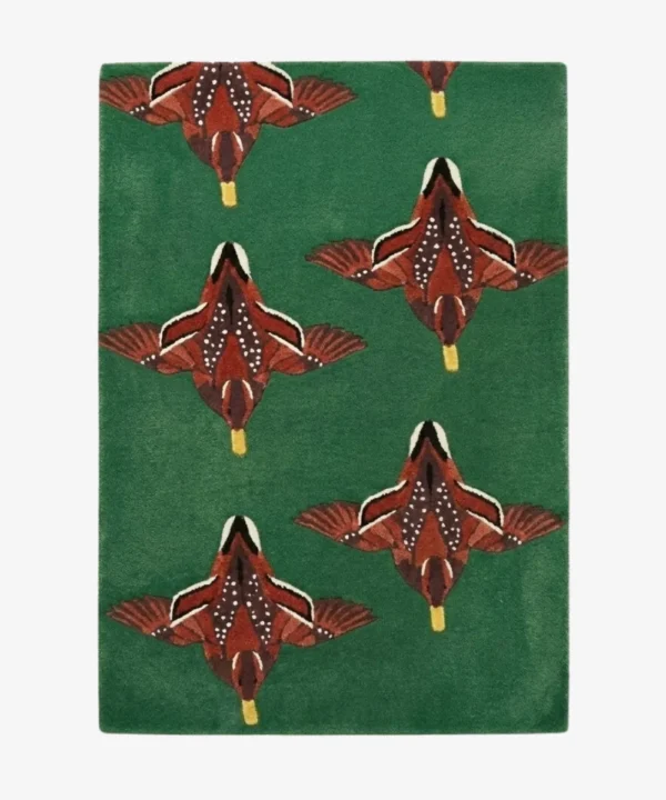 Top-down view of the rectangular Mallard Duck rug isolated on a white background, featuring a repeating pattern of flying mallard ducks in solid shades of brown, white, and yellow over a rich forest green base.