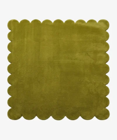 Top-down view of the solid green Mossline Rug showcasing its square shape and scalloped edges.