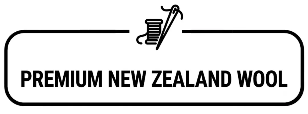 Material badge indicating premium New Zealand wool featuring a simple thread spool and needle graphic.