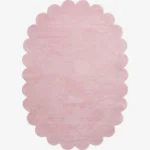 Top-down view of the oval Rosy Mellow Pink Scalloped rug isolated on a white background, showcasing its symmetrical scalloped border.