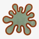 Full top-down view of the Sage Orbit rug isolated on a white background, featuring a flat splash-shaped silhouette in solid sage green with a thick terracotta orange border.