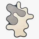 Custom-shaped wool rug with a flat fluid abstract design featuring solid interlocking blocks of gray and off-white with a dark charcoal outline isolated on a white background.