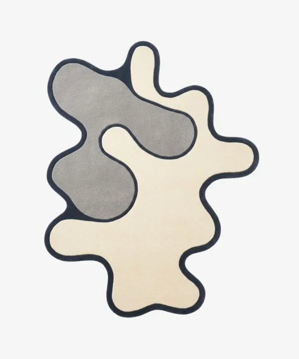 Custom-shaped wool rug with a flat fluid abstract design featuring solid interlocking blocks of gray and off-white with a dark charcoal outline isolated on a white background.