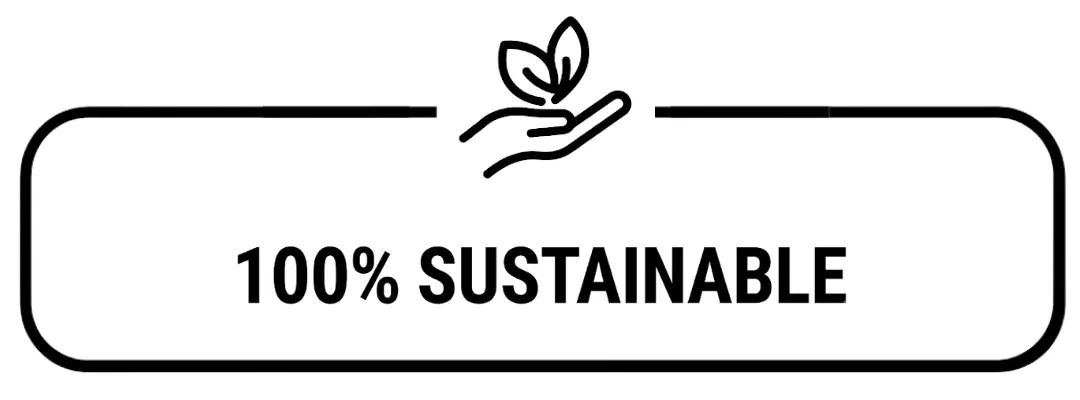 Black and white line art icon featuring a hand holding leaves above the text 100% sustainable.