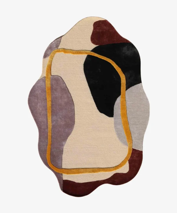 A flat, top-down view of the Terra Frame Scallop Rug isolated on a clean white background. The hand-tufted rug features an organic, wavy silhouette filled with abstract color blocks of black, grey, mauve, and deep red on a cream base, all visually connected by a continuous golden-yellow line forming a modern frame.