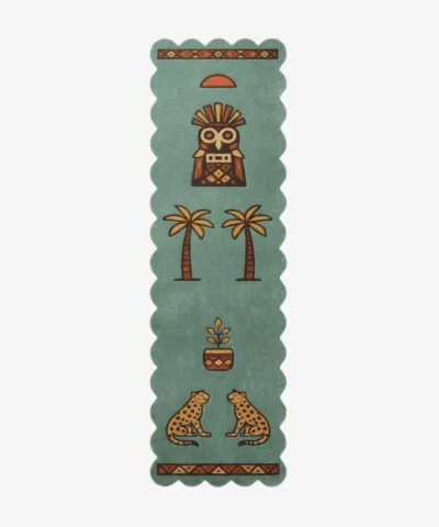 Top-down flat view of the green Tribal Animal Wool Runner Rug, showcasing its scalloped edges and detailed tufted motifs including a tribal mask, palm trees, and two facing leopards on a clean white background.