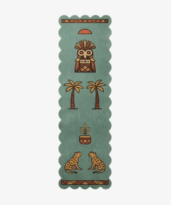 Top-down flat view of the green Tribal Animal Wool Runner Rug, showcasing its scalloped edges and detailed tufted motifs including a tribal mask, palm trees, and two facing leopards on a clean white background.