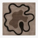 Full top-down product isolated shot of the square Alder Crest area rug, featuring an organic abstract amoeba shape pattern with concentric fluid blocks in dark espresso brown, taupe gray, and light mocha beige.