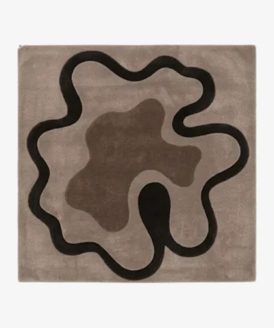 Full top-down product isolated shot of the square Alder Crest area rug, featuring an organic abstract amoeba shape pattern with concentric fluid blocks in dark espresso brown, taupe gray, and light mocha beige.