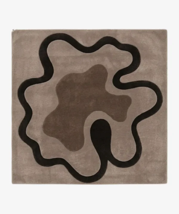 Full top-down product isolated shot of the square Alder Crest area rug, featuring an organic abstract amoeba shape pattern with concentric fluid blocks in dark espresso brown, taupe gray, and light mocha beige.