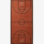 Full top-down product isolated shot of the rectangular basketball court area rug featuring a terracotta court surface with dark brown line markings.