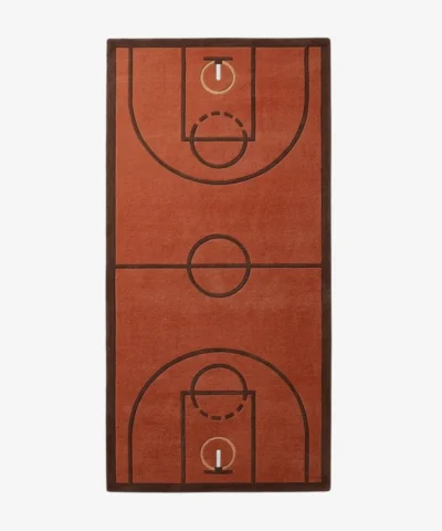 Full top-down product isolated shot of the rectangular basketball court area rug featuring a terracotta court surface with dark brown line markings.