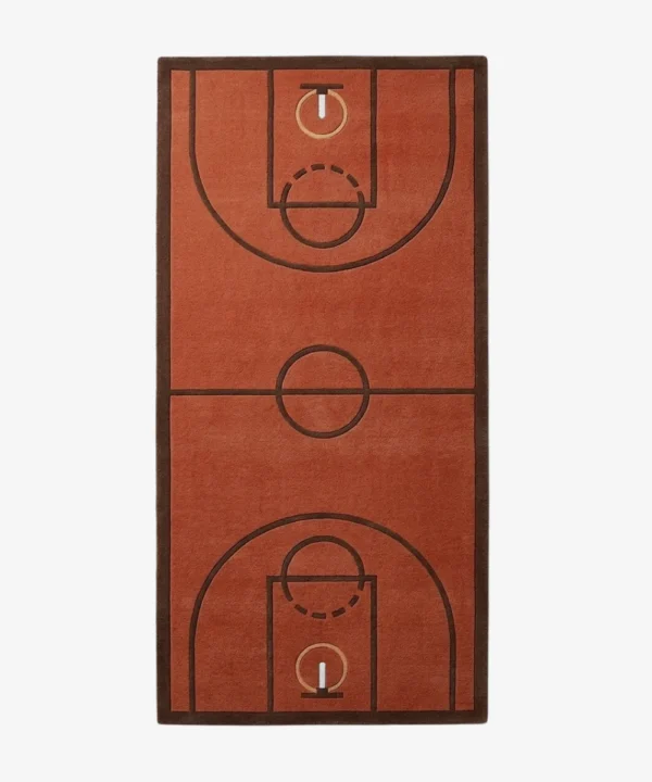 Full top-down product isolated shot of the rectangular basketball court area rug featuring a terracotta court surface with dark brown line markings.
