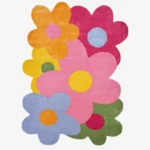 Full top-down product isolated shot of the custom-shaped Bloomtopia accent rug featuring overlapping retro pop art flowers with bright color-blocked petals.