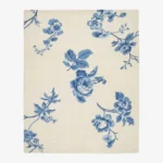 Full top-down isolated product shot of the rectangular Bluevine Bloom area rug, featuring classic Chintz-style trailing botanical vines and rose bouquets in shades of cornflower and denim blue on a soft ivory white field.