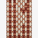 Full top-down product isolated shot of the rectangular Brika Braida area rug, showcasing a dimensional basket weave geometric design with interwoven block straps of terracotta orange, brick red, and ivory cream over small black negative spaces.