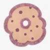 Full top-down product isolated shot of the flower-shaped Camellia Bloom area rug featuring a beige field, deep purple accents, and a plush mauve scalloped border.