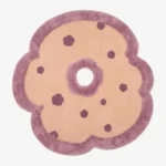 Full top-down product isolated shot of the flower-shaped Camellia Bloom area rug featuring a beige field, deep purple accents, and a plush mauve scalloped border.