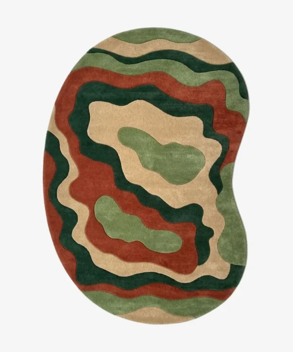 Full top-down product isolated shot of the organic, irregularly shaped Canyon Flow area rug in earth tones.