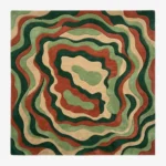 Full top-down product isolated shot of the square Canyonloop area rug featuring an organic, topographical wave design in concentric layers of forest green, olive, terracotta rust, and beige.