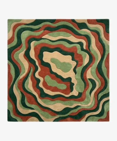 Full top-down product isolated shot of the square Canyonloop area rug featuring an organic, topographical wave design in concentric layers of forest green, olive, terracotta rust, and beige.