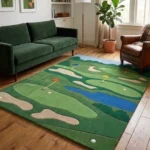Wide perspective interior lifestyle shot of the Championship Greens golf rug styled on a light wood floor in a cozy modern living room with a green velvet sofa.