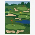 Full top-down product isolated shot of the rectangular Championship Greens golf-themed area rug featuring a lush green landscape with sand traps, water hazards, and colorful flag pins.