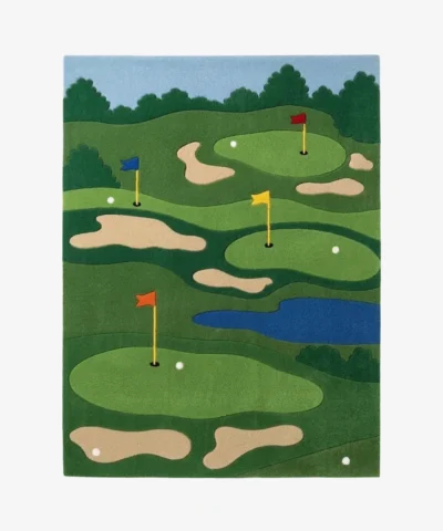 Full top-down product isolated shot of the rectangular Championship Greens golf-themed area rug featuring a lush green landscape with sand traps, water hazards, and colorful flag pins.
