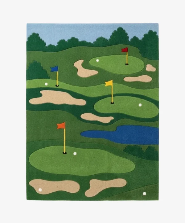 Full top-down product isolated shot of the rectangular Championship Greens golf-themed area rug featuring a lush green landscape with sand traps, water hazards, and colorful flag pins.