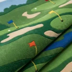 Close-up macro photograph highlighting the premium wool material texture and plush pile construction of the folded Championship Greens area rug.
