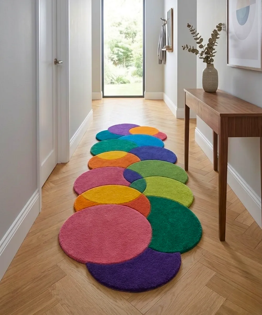 Wide perspective hallway lifestyle shot of the multicolored Chromatic Cascade runner rug styled on a herringbone hardwood floor next to a wooden console table.