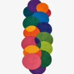 Full top-down product isolated shot of the Chromatic Cascade irregular runner rug featuring an overlapping bubble design of multicolored intersecting circles.