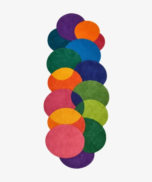 Full top-down product isolated shot of the Chromatic Cascade irregular runner rug featuring an overlapping bubble design of multicolored intersecting circles.