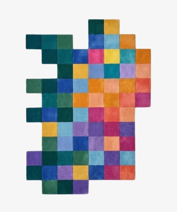 Full top-down product isolated shot of the uniquely shaped Color Matrix checkered irregular rug showcasing a vibrant multicolored grid pattern.
