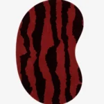 Full top-down product isolated shot of the bean-shaped Crimson Rift irregular area rug featuring a bold red base with jagged, dark burgundy abstract vertical stripes.