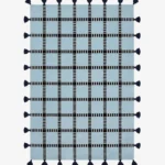 Full top-down product isolated shot of the rectangular light blue Crosshatch area rug featuring a black and white striped windowpane grid pattern and dark navy edge tassels.