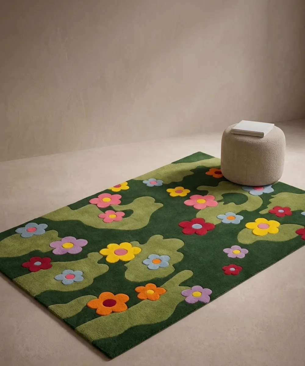 Perspective interior shot of the Daisy Bloom rug styled in a modern living space with a cream-colored ottoman.