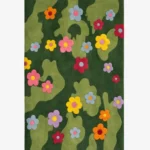 Full top-down product isolated shot of the dark green Daisy Bloom rug featuring a playful pattern of multicolored daisies.