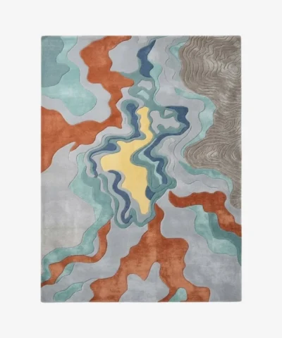 Full top-down isolated product shot of the rectangular Estuary area rug featuring fluid topographical waves in grey, terracotta, aqua, and a central pale yellow pool.