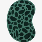Full top-down product isolated shot of the uniquely kidney bean shaped Fernfall area rug featuring an organic pebble mosaic pattern in deep green and black blocks.