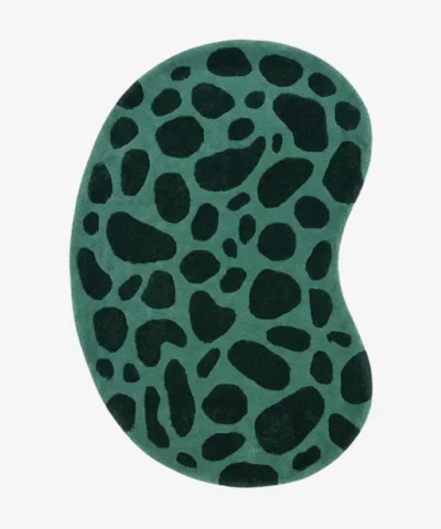 Full top-down product isolated shot of the uniquely kidney bean shaped Fernfall area rug featuring an organic pebble mosaic pattern in deep green and black blocks.
