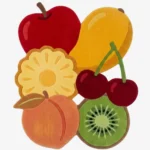Full top-down product isolated shot of the custom-shaped Frutopia Harvest area rug, featuring an eclectic pop art collection of overlapping fruits including a red apple, yellow mango, pineapple slice, orange peach, green kiwi, and red cherries.