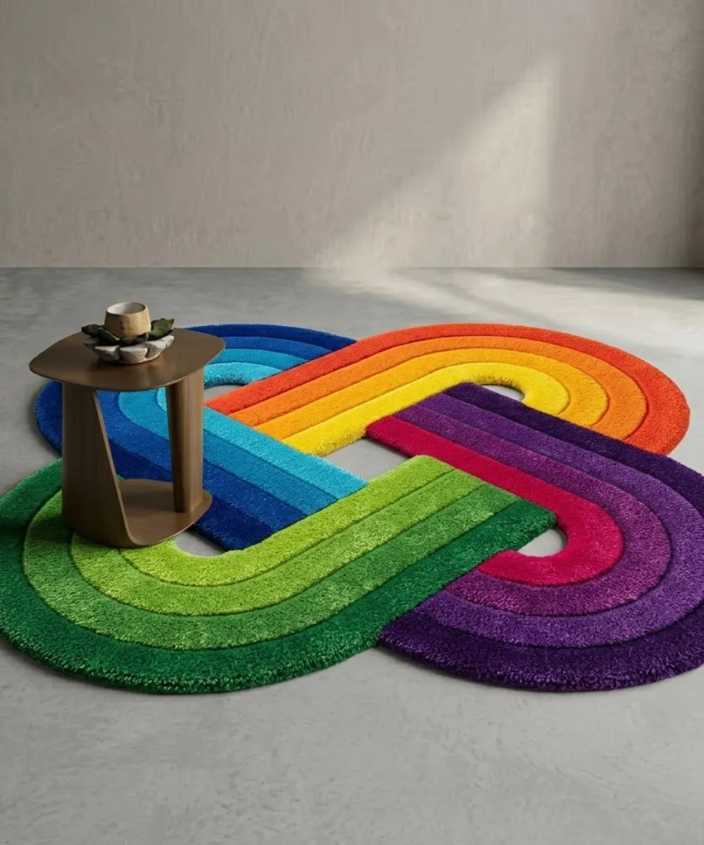 Wide perspective interior lifestyle shot of the Funfinity rainbow infinity loop rug styled on a gray concrete floor next to a modern wooden side table.