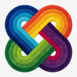 Full top-down product isolated shot of the uniquely shaped Funfinity area rug, featuring an interwoven geometric infinity loop design with bright rainbow stripes.