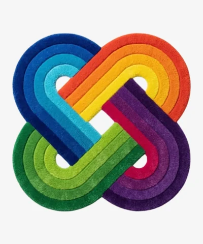 Full top-down product isolated shot of the uniquely shaped Funfinity area rug, featuring an interwoven geometric infinity loop design with bright rainbow stripes.